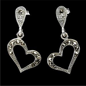 Elegant Natural Vietnamese Marcasite Heart Earrings in 925 Sterling Silver